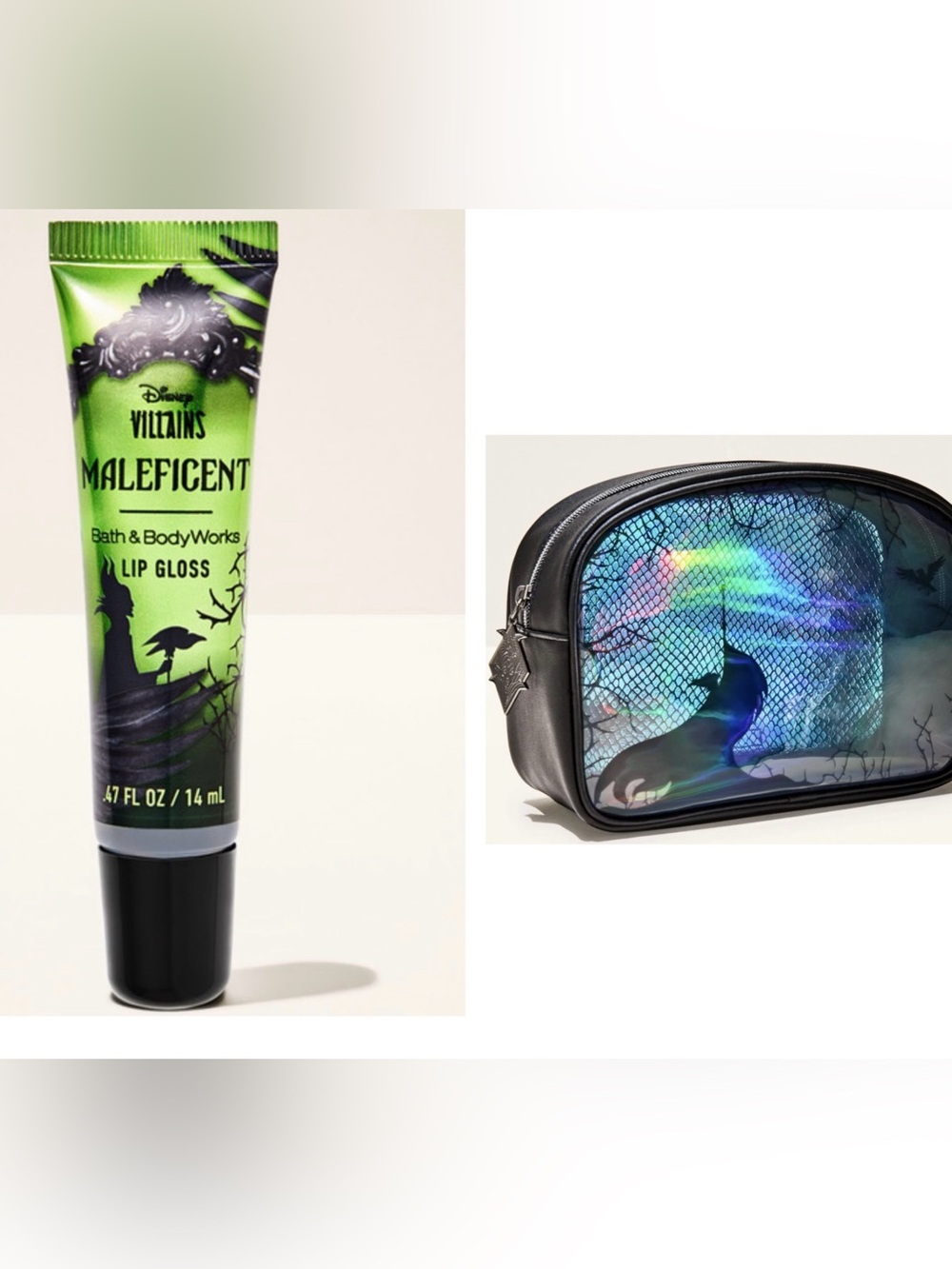 NWT 2️⃣ B&BW Disney Maleficent Holographic Makeup Bag + New Maleficent Lip Gloss
